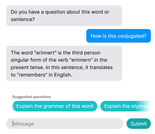 An example chat with the AI about a German word.
