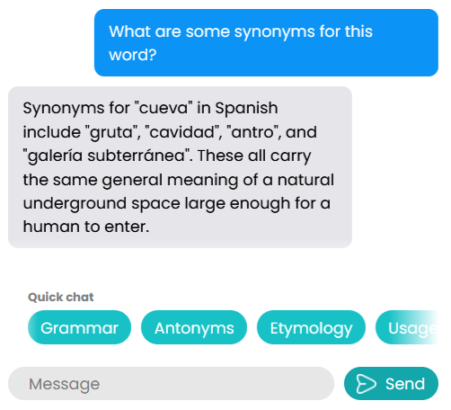 An example chat with the AI about a Spanish word.